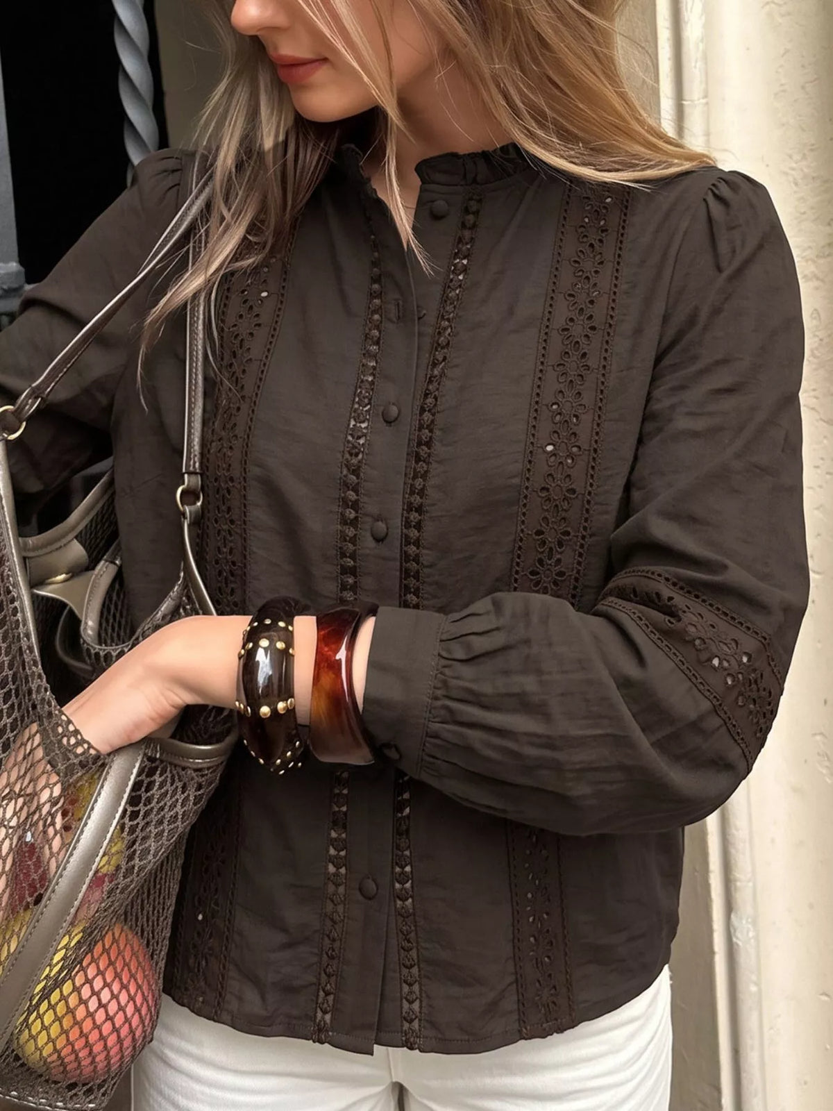 Eyelet Lace Trim Long Sleeve Blouse