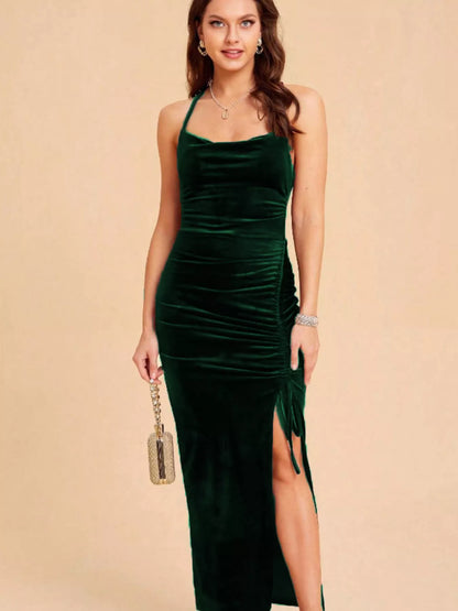 Velvet Ruched Dress with High Slit