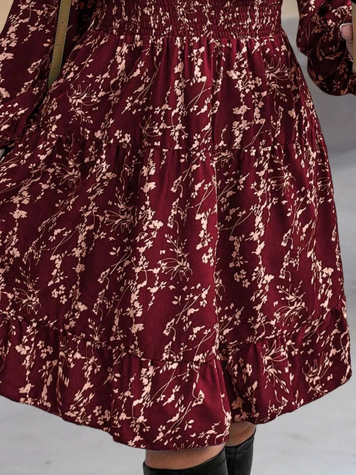 Full Size Floral Print Smocked Waist Long Sleeve Mini Dress Plus Size