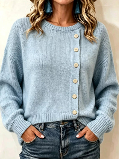 Decorative Button Dropped Shoulder Sweater
