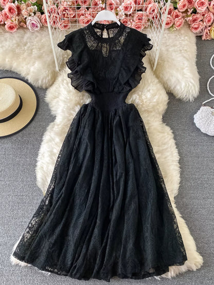 Ruffled Mock Neck Lace Maxi Dress