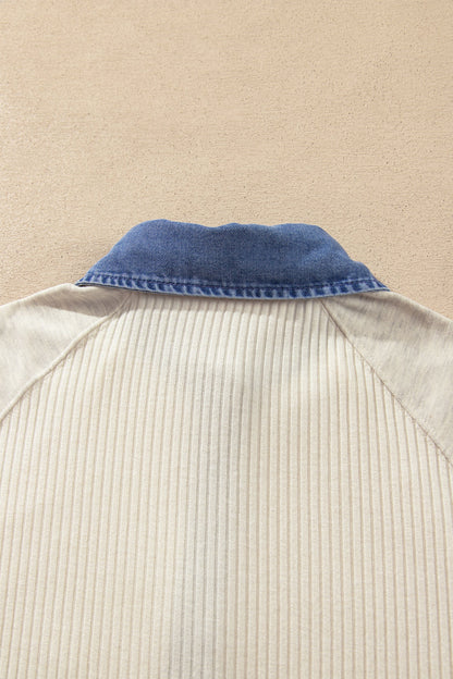 Light Grey Ribbed Denim Colorblock Detail Button Collar Long Sleeve Top