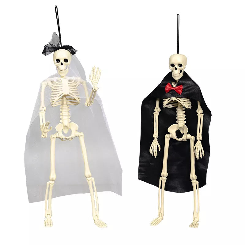 Halloween Posable Skeleton Couple with Wedding Veil and Cape