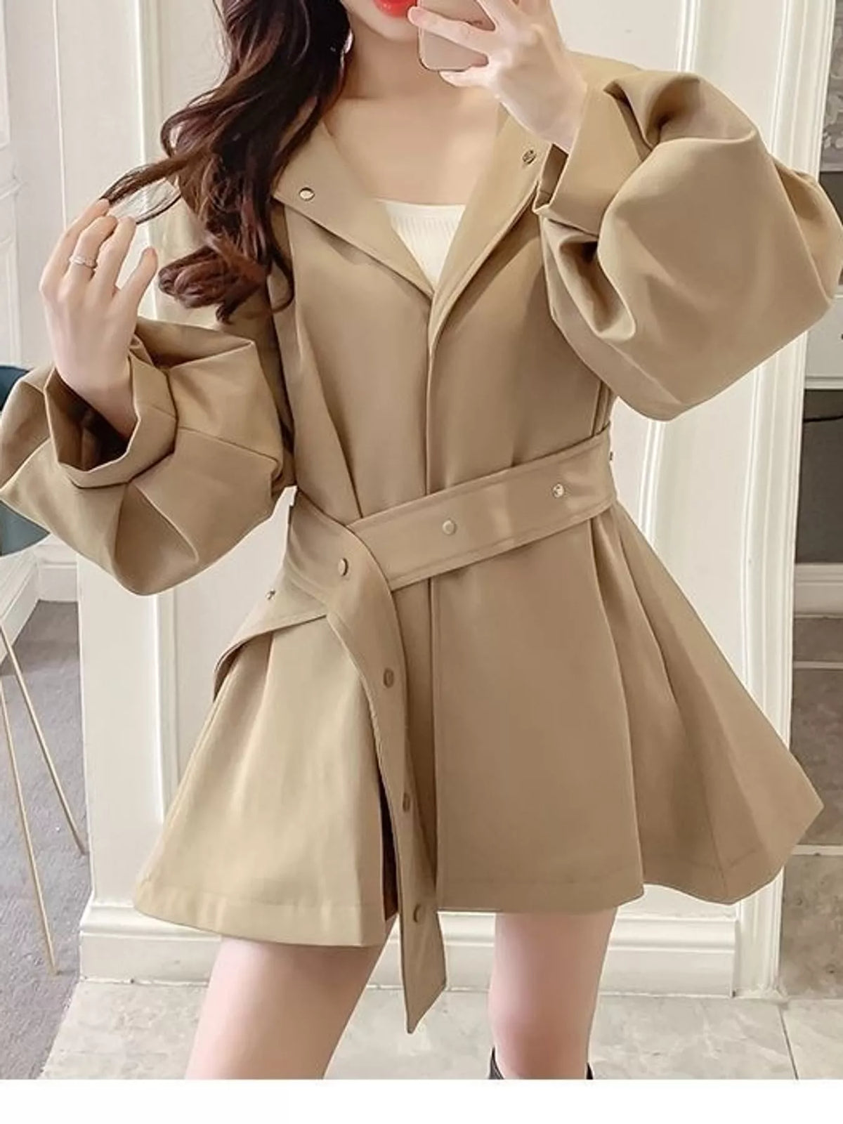Lantern Sleeve Hooded Outerwear with Belted Waist
