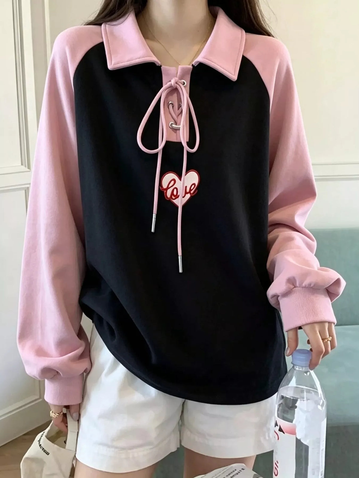 Heart Embroidery Lace-Up Detail Polo Collar Sweatshirt
