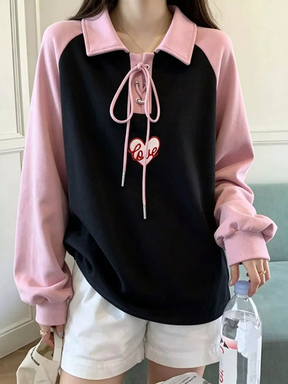 Heart Embroidery Lace-Up Detail Polo Collar Sweatshirt