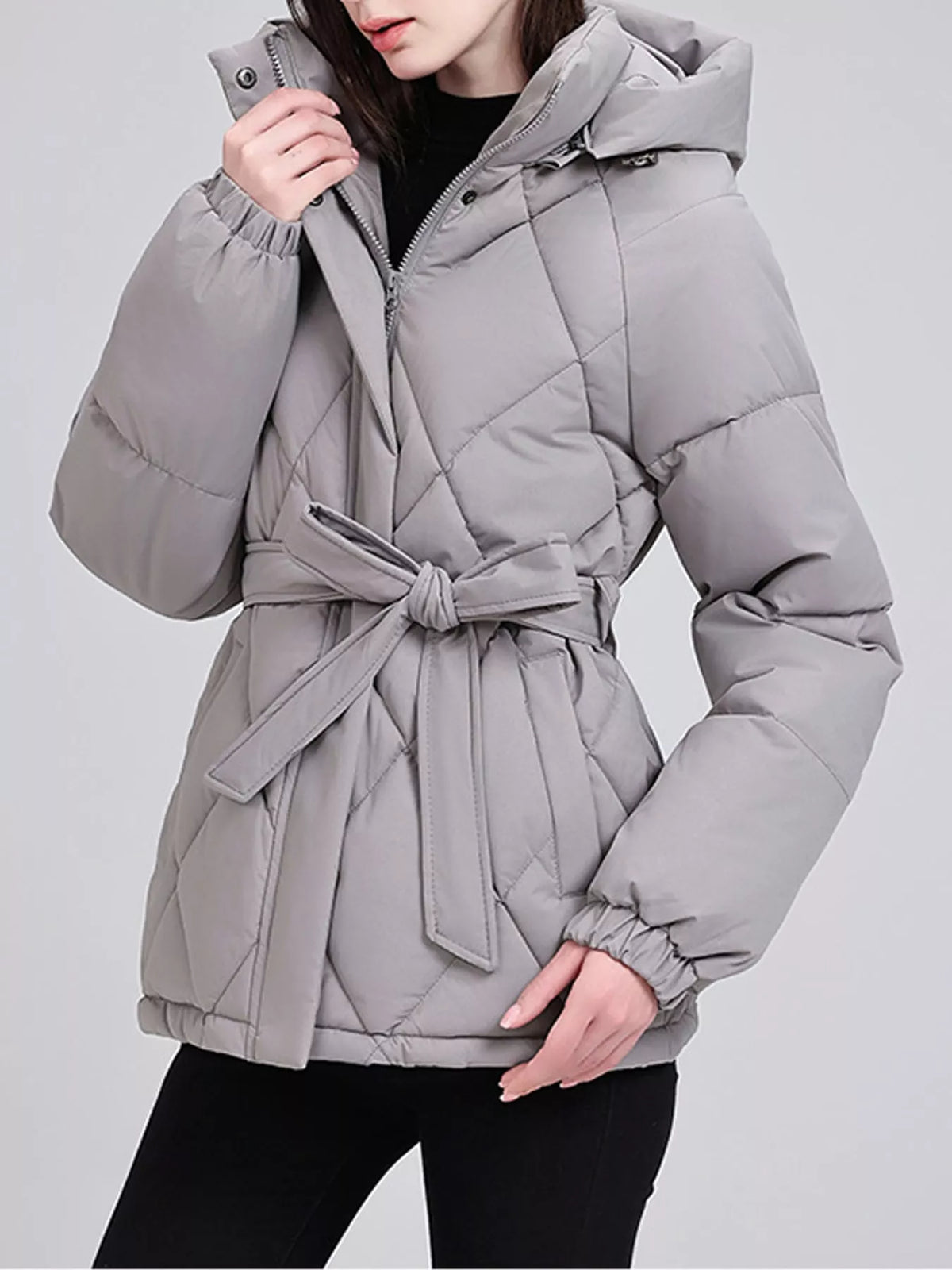 Quilted Waist Belt Hooded Puffer Outerwear
