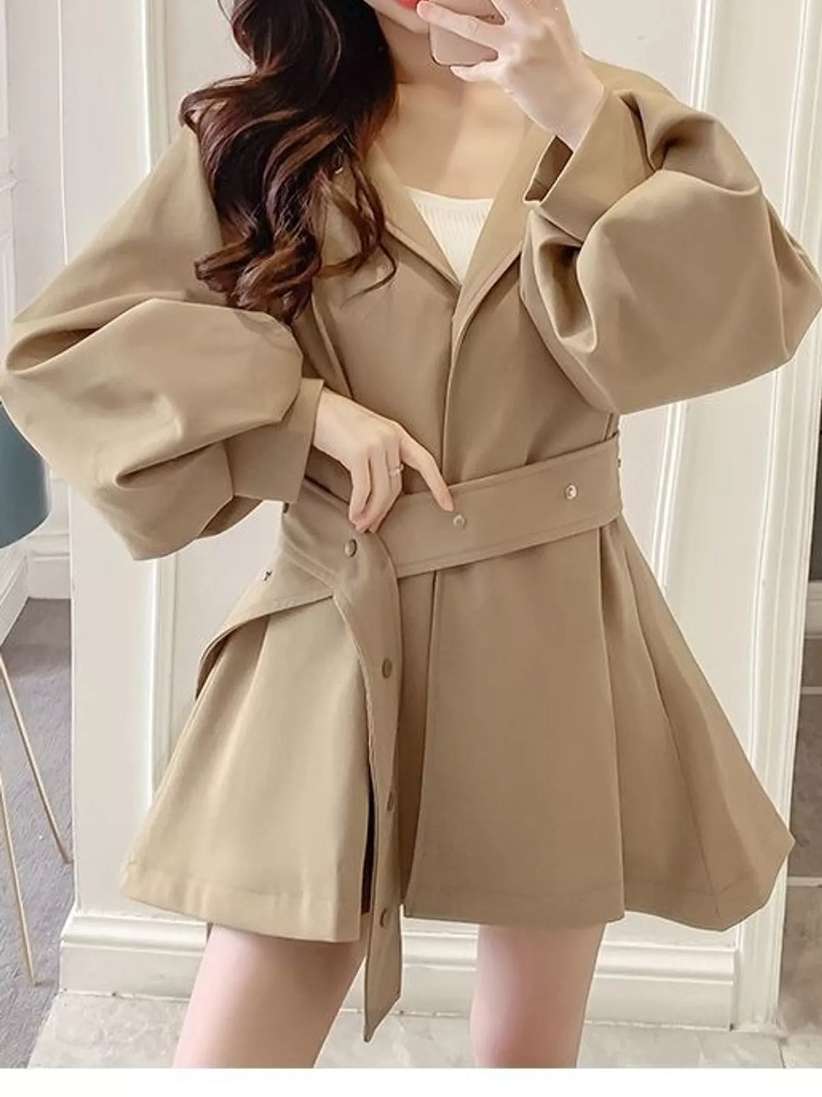 Lantern Sleeve Hooded Outerwear with Belted Waist
