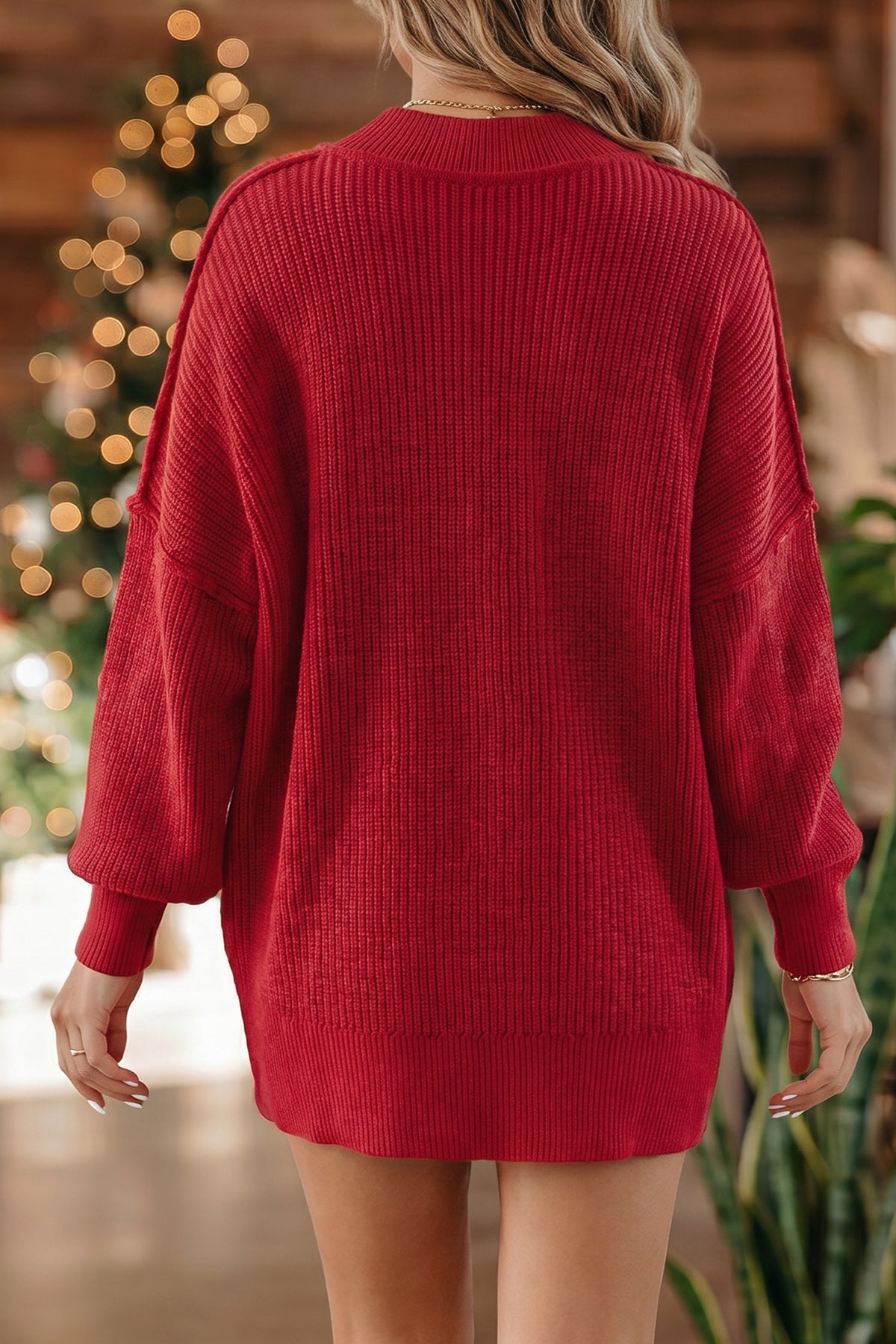 Chestnut Solid Color Mock Neck Oversized Tunic Sweater