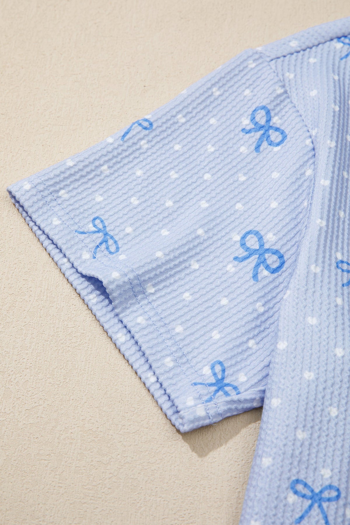 Sky Blue Tiny Heart Bow Print Twisted Rib Loose 2pcs Short Set