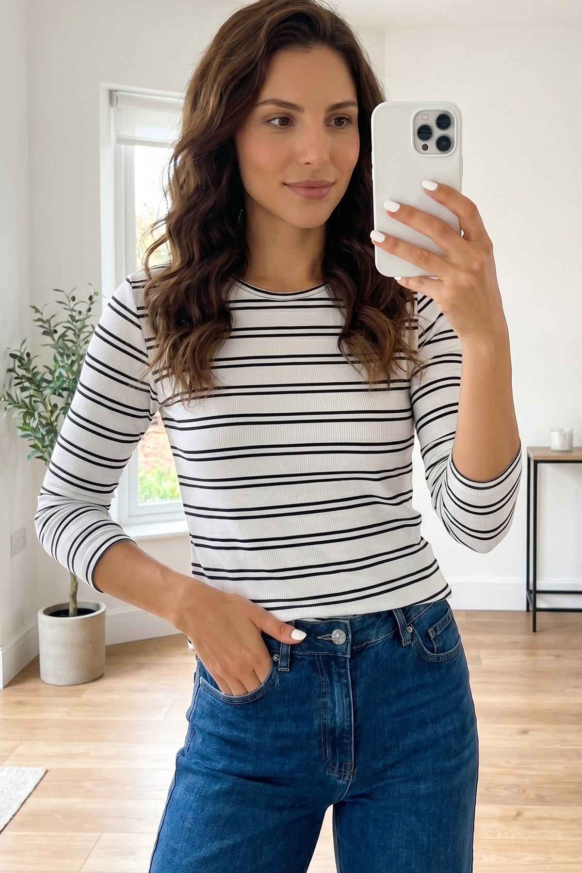 Beige Stripe Ribbed Knit Round Neck Long Sleeve Top