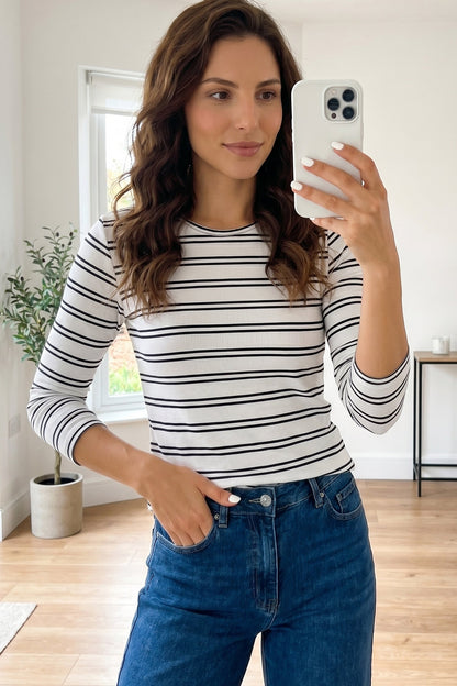 Beige Stripe Ribbed Knit Round Neck Long Sleeve Top
