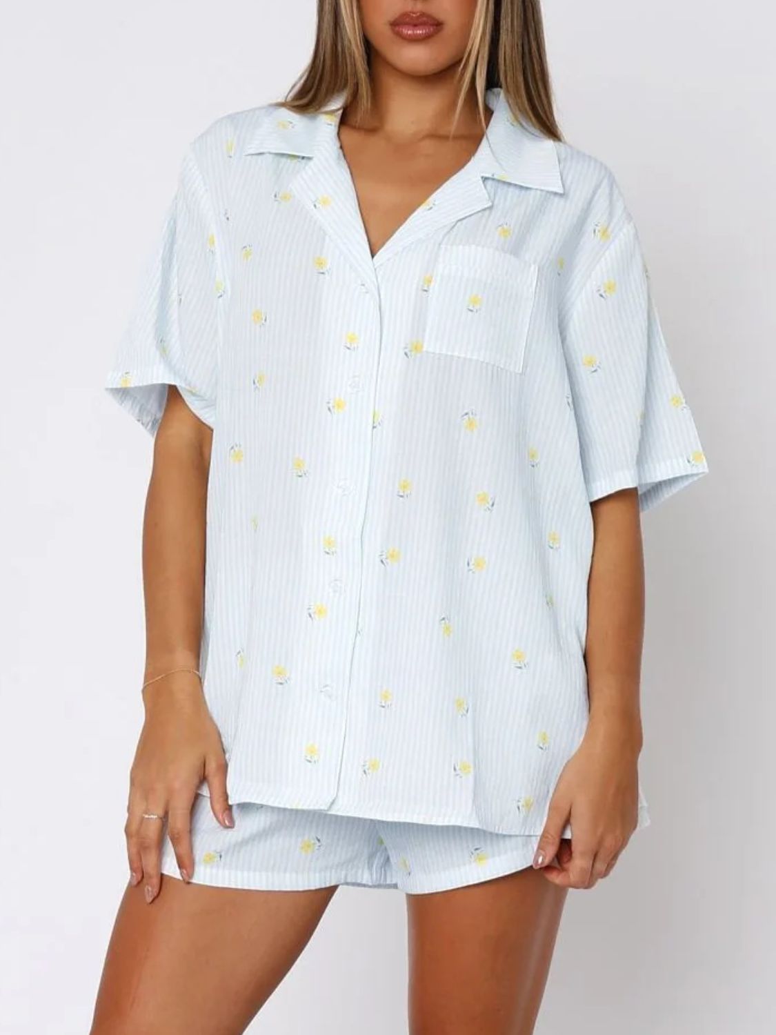 Valentine's Day Printed Collared Neck Short Sleeve Top And Shorts Set