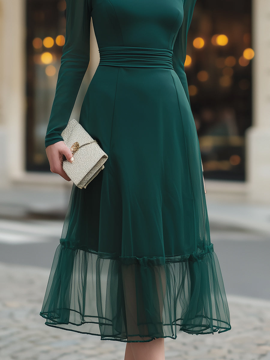 Sheer Yoke Long Sleeve Midi Dress With Defined Waist