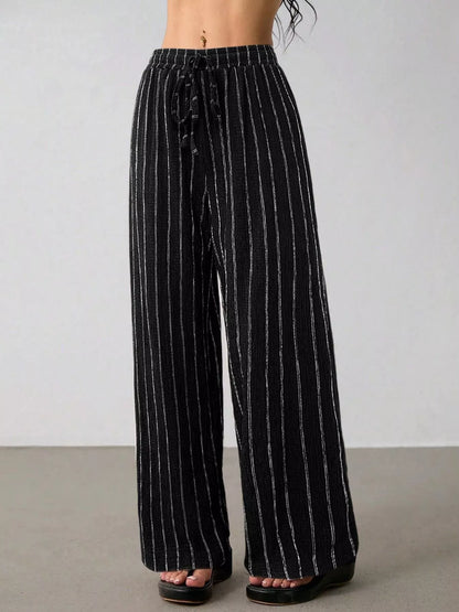Striped Wide-Leg Drawstring Pants