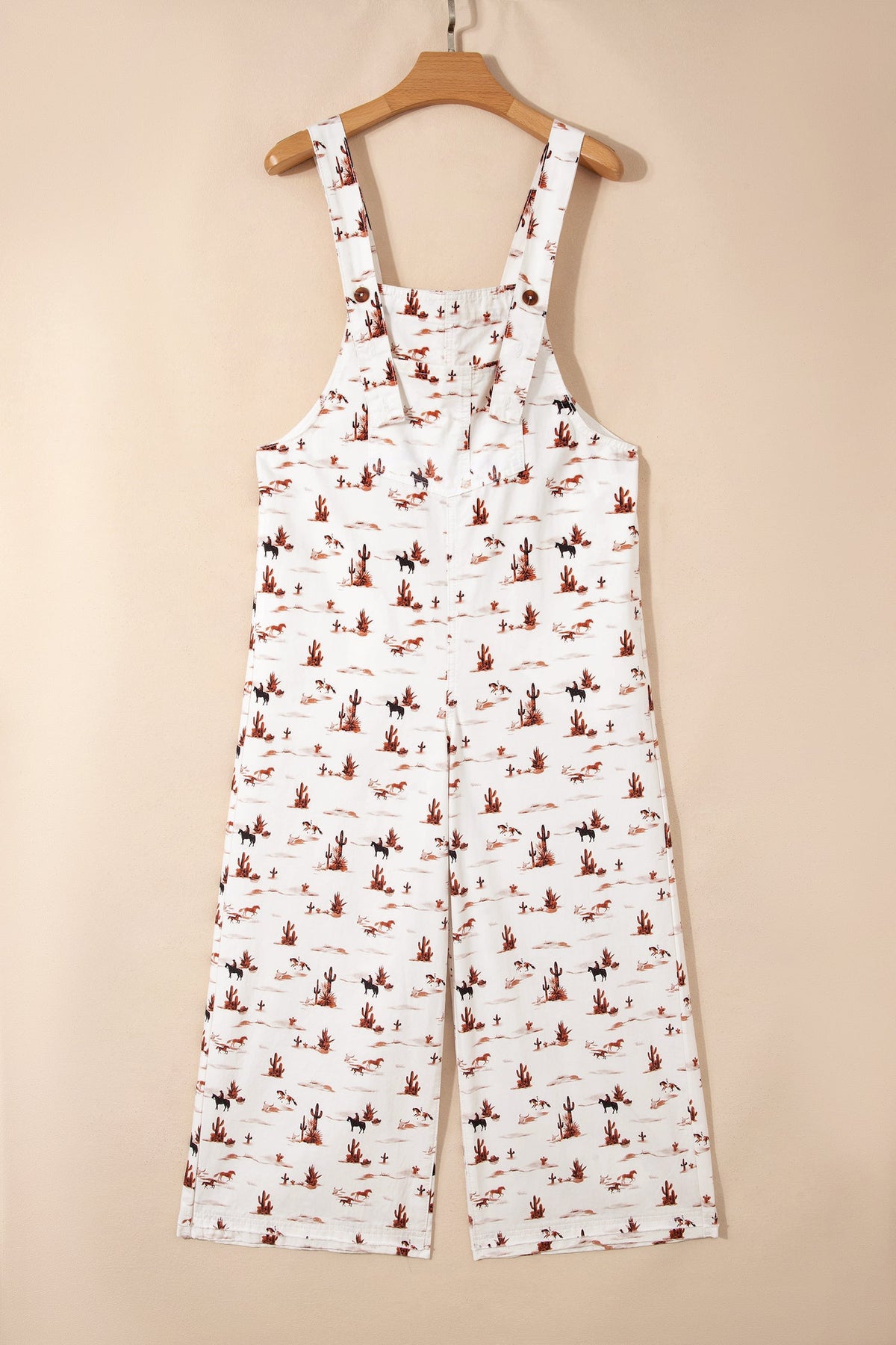 Beige Western Printed Button Adjustable Straps Loose Jumpsuit Dungarees