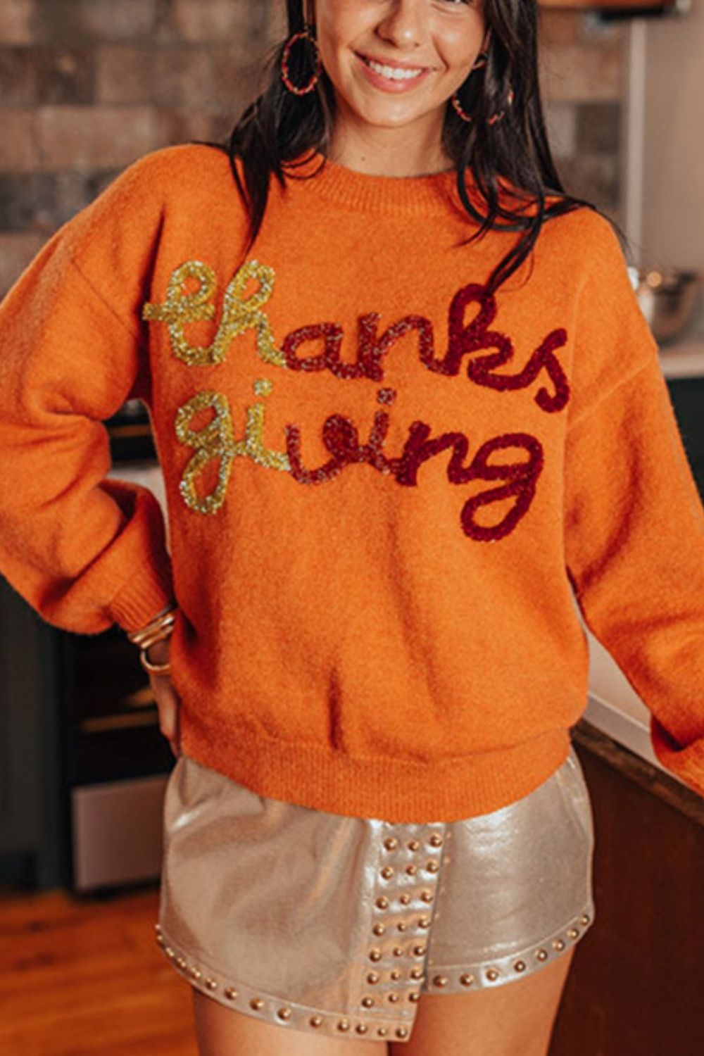 Thanksgiving Round Neck Dropped Shoulder Sweater
