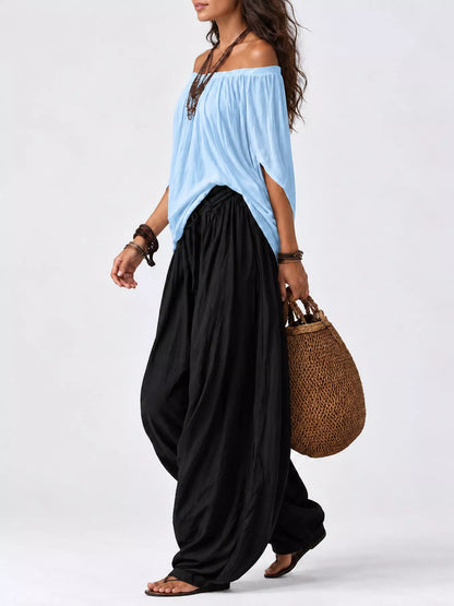 Full Size Off-Shoulder Top and Wide-Leg Harem Pants Set Plus Size
