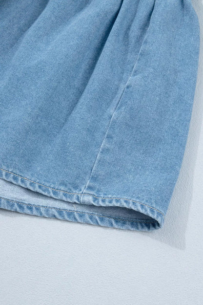 Button Down Short Puff Sleeve Ruffle Hem Denim Dress