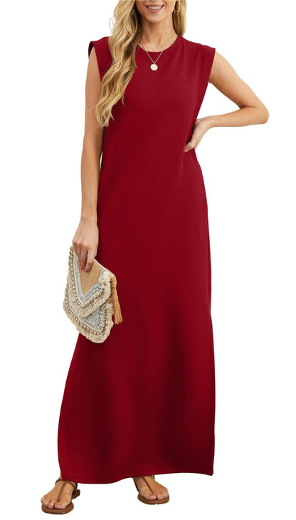 Women Round Neck Casual Loose Split Wrinkle-Free Long Maxi Beach Dress with Pockets