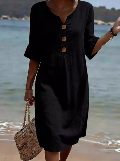 Full Size Button Decor Ruffle Sleeve Midi Dress Plus Size