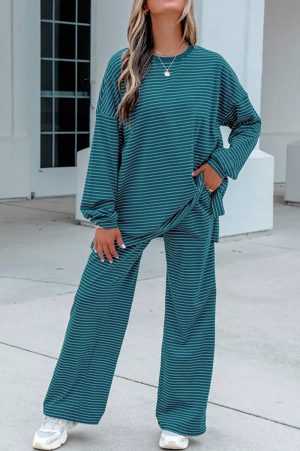 Stripe Dropped Shoulder Long Sleeve Top Elastic Waist Pants Casual 2pcs Set