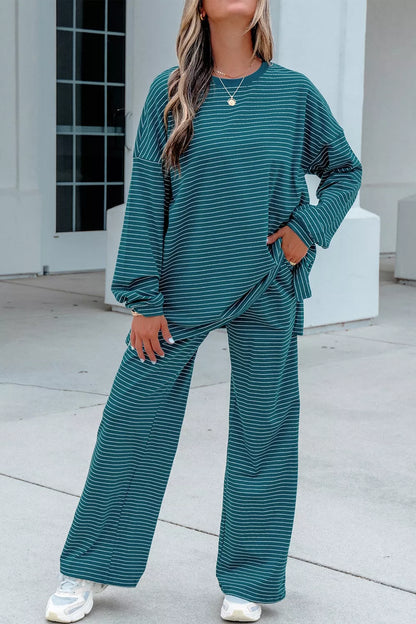Stripe Dropped Shoulder Long Sleeve Top Elastic Waist Pants Casual 2pcs Set