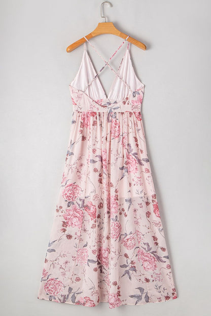 Floral Pleated Deep V Backless Maxi Dress