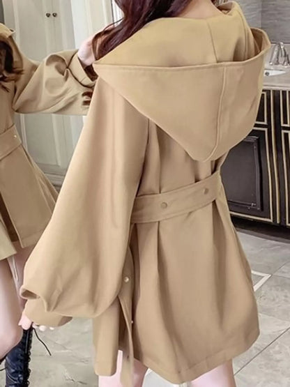 Lantern Sleeve Hooded Outerwear with Belted Waist
