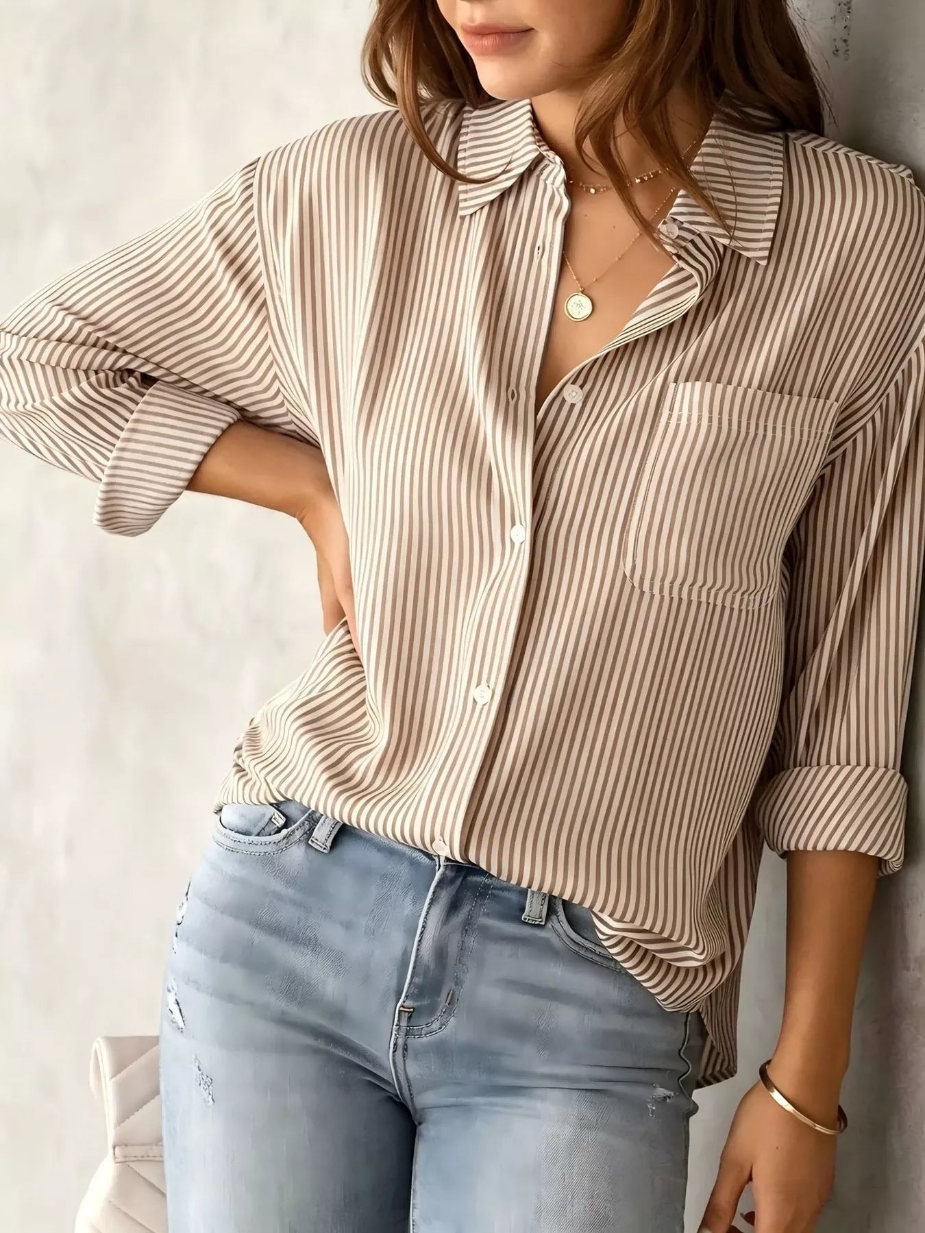 Full Size Striped Button-Down Long Sleeve Shirt Plus Size