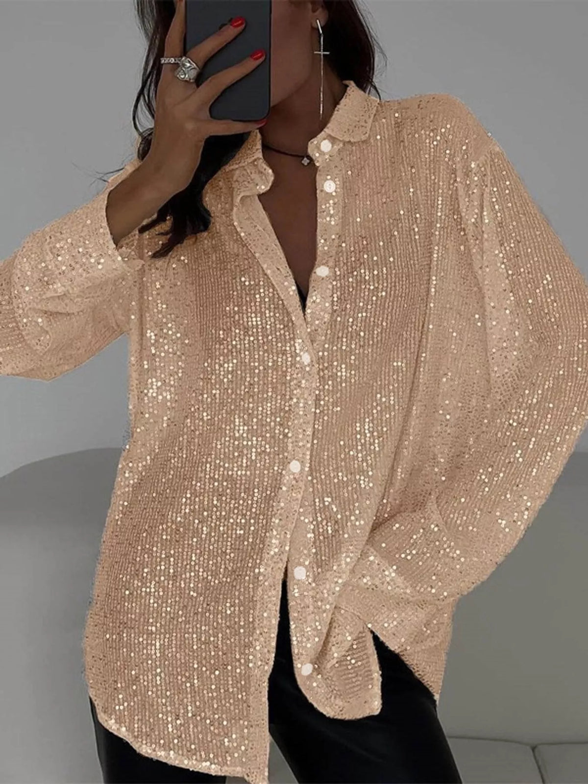Full Size Sequin Button Up Long Sleeve Shirt Plus Size