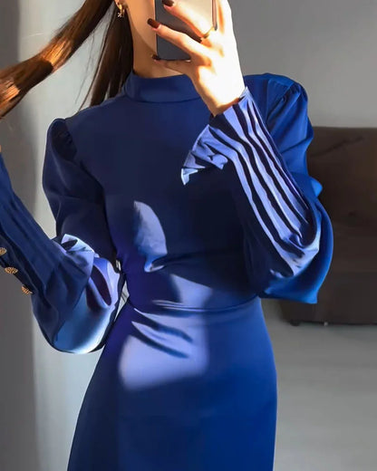 Elegant waisted pleated cuff dress Blue