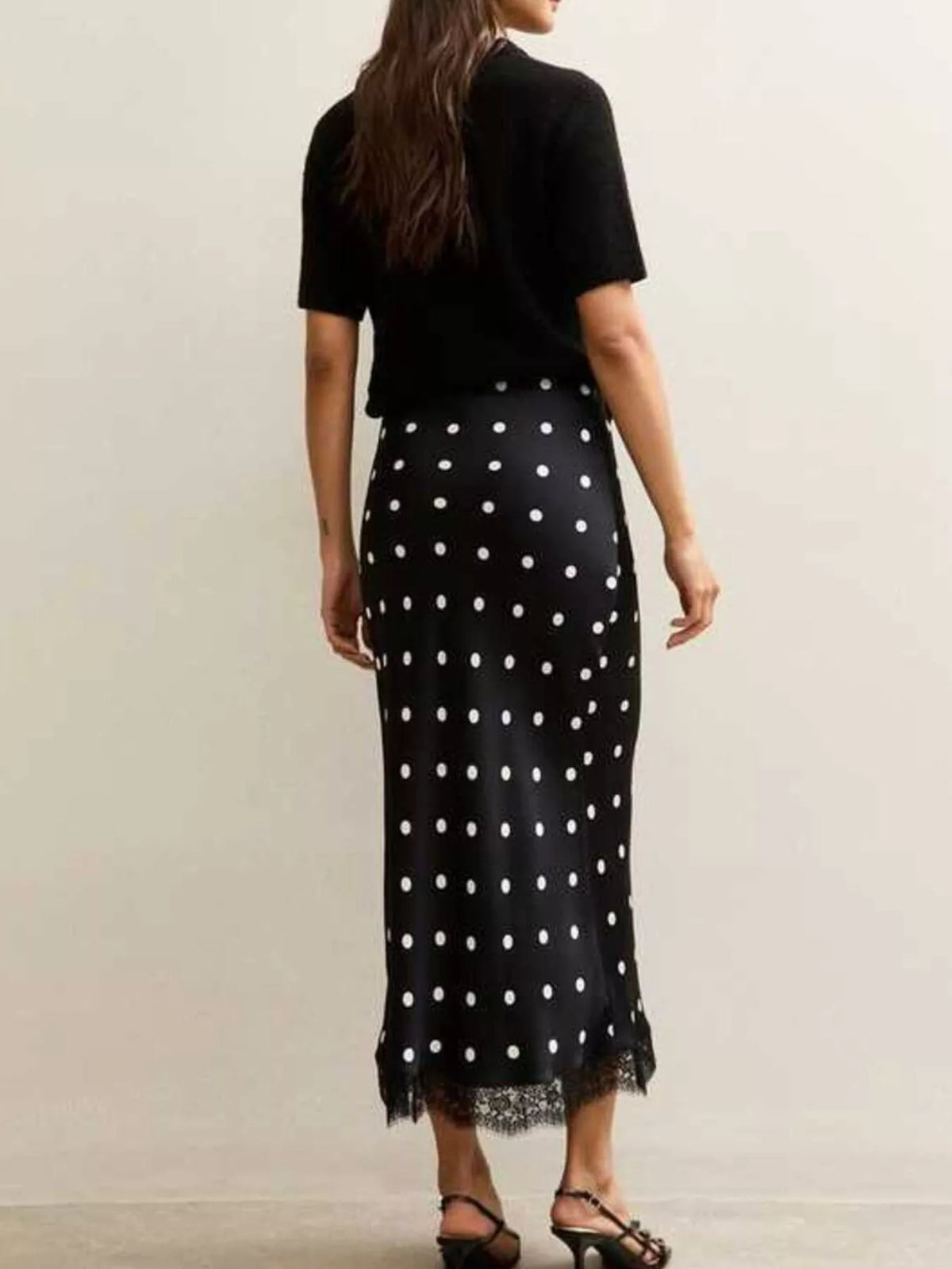 Polka Dot Midi Skirt with Lace Trim