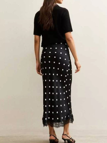 Polka Dot Midi Skirt with Lace Trim