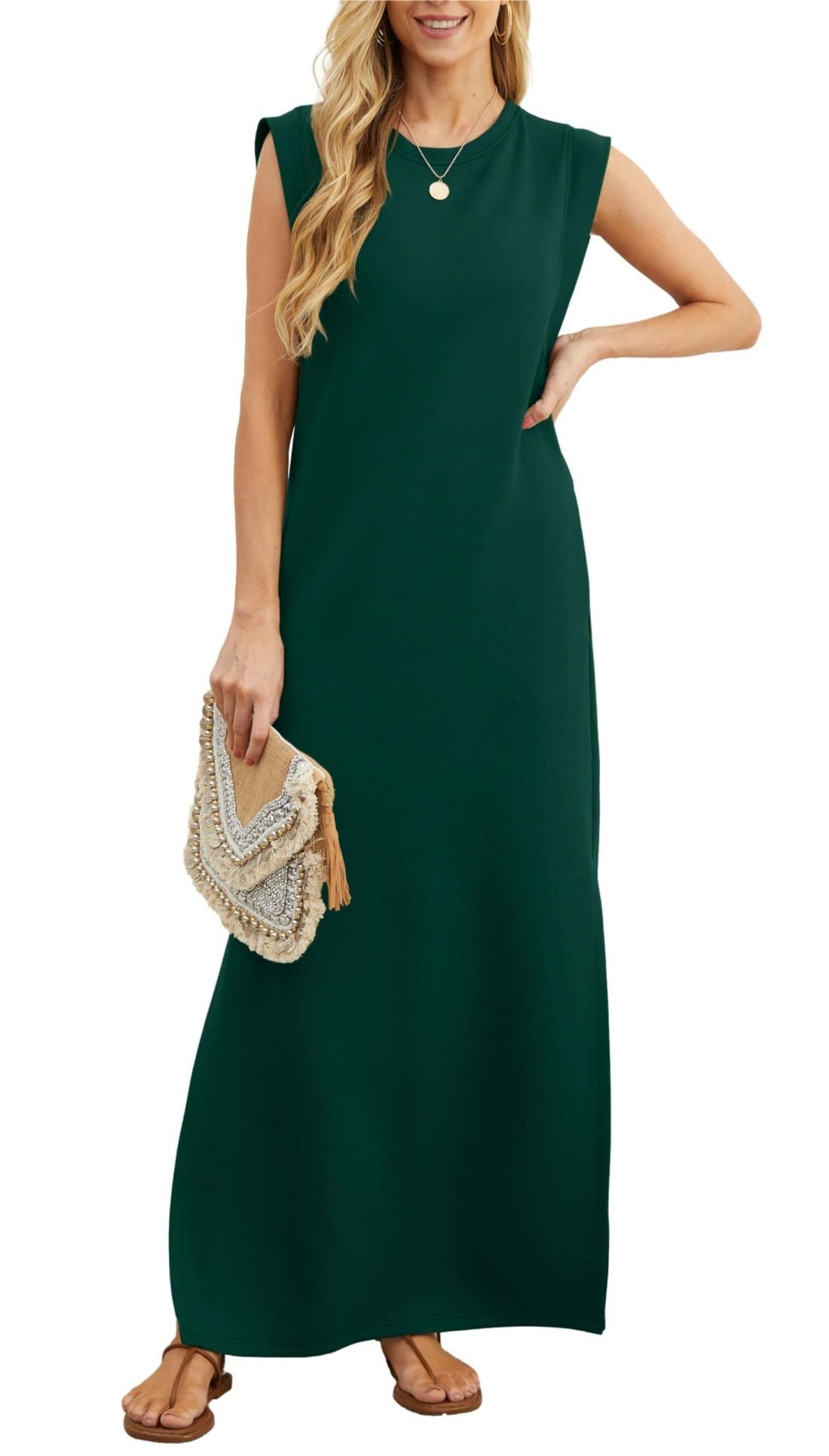 Women Round Neck Casual Loose Split Wrinkle-Free Long Maxi Beach Dress with Pockets
