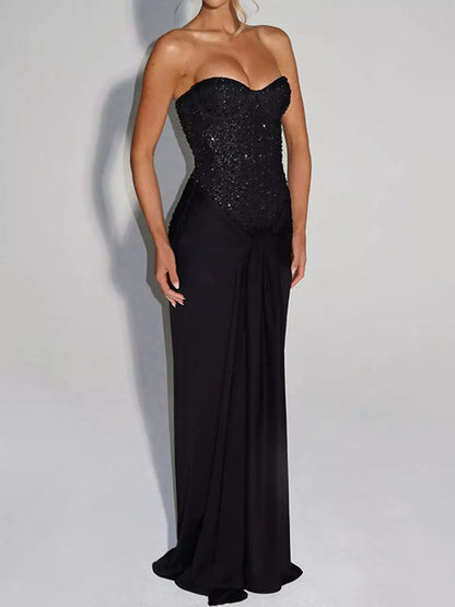 Elegant Strapless Sequin Corset Maxi Dress with Draped Waist Detail