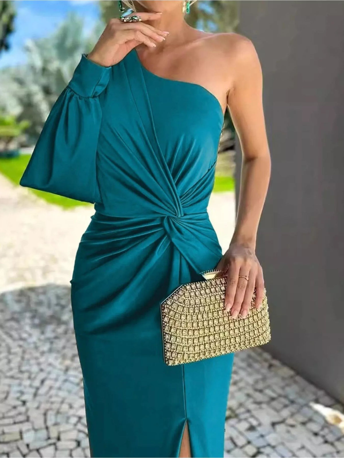 Full Size One-Shoulder Knot Detail Slit Maxi Dress Plus Size