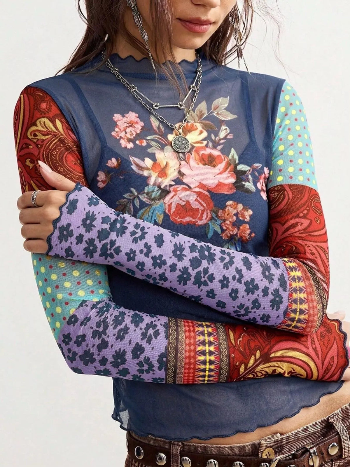 Floral Print Mesh Mock Neck Long Sleeve Top