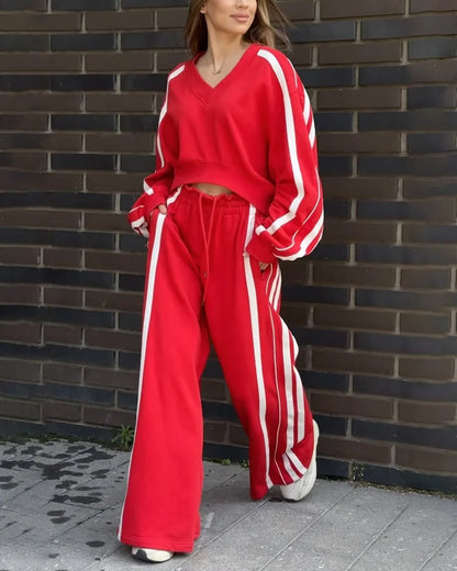 Casual V-Neck Striped Sweat & Wide Leg Pants Two-Piece Set Red S