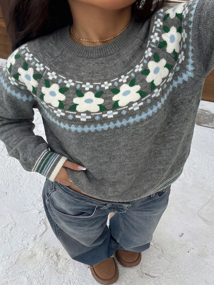 Floral Pattern Round Neck Sweater