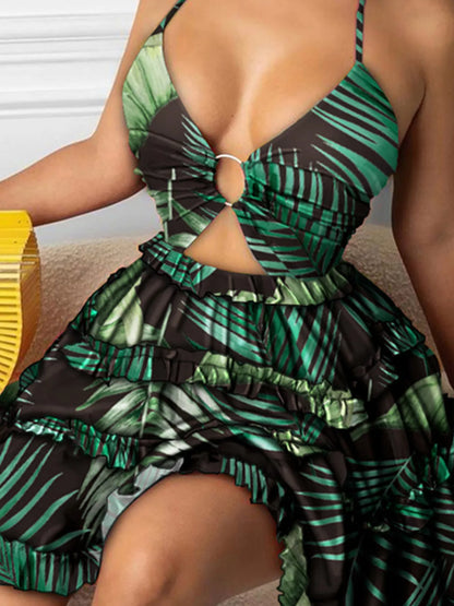 Lynn's Colorful Print Halter Neck Ruffle Mini Dress