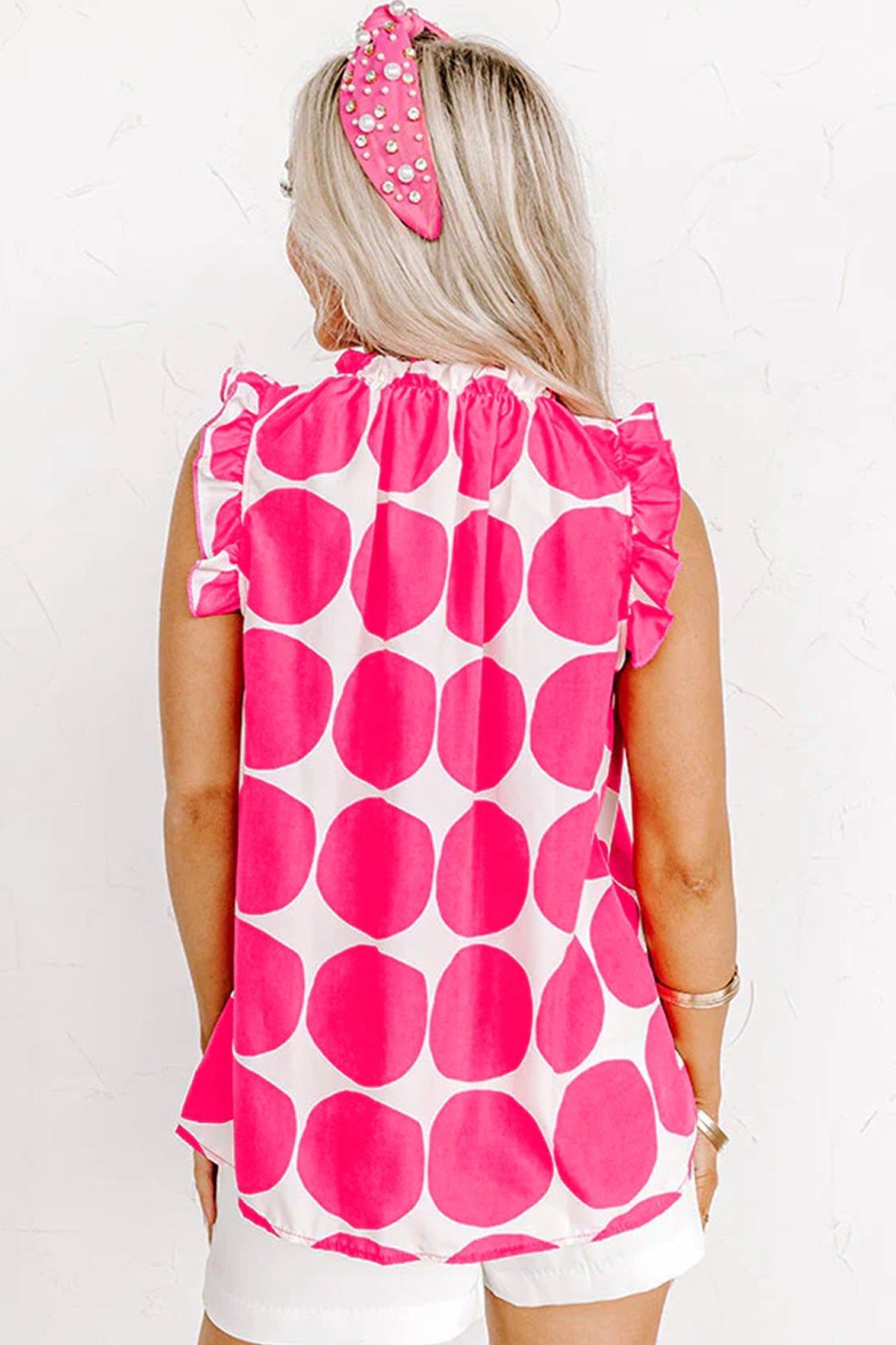 Blue Polka Dot Print Frilled Round Neck Shift Tank Top