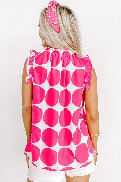 Blue Polka Dot Print Frilled Round Neck Shift Tank Top