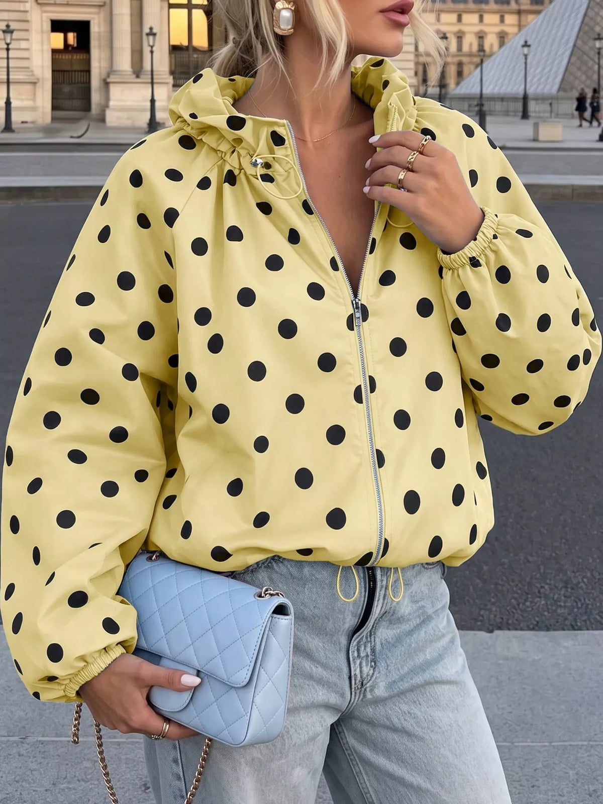 Polka Dot Zip Up Hooded Jacket