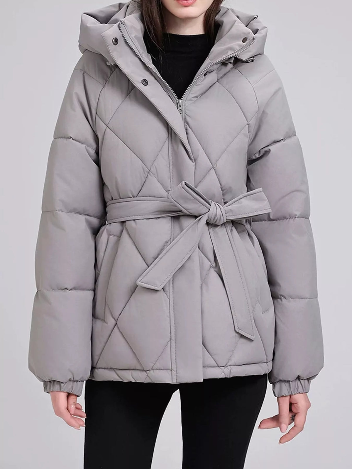 Quilted Waist Belt Hooded Puffer Outerwear