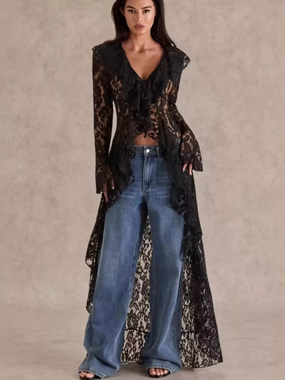 Lace Ruffle Trim High-Low Blouse