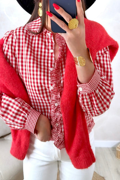 Red Plaid Long Sleeve Button Down Frill Detail Casual Shirt