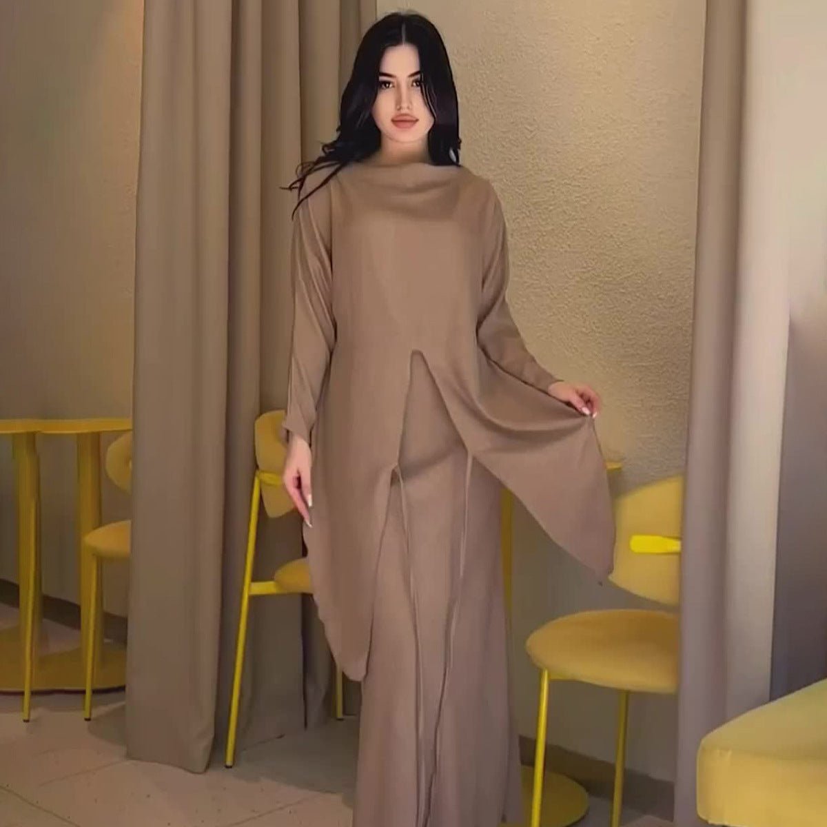 Elegant Long Sleeve Taupe Satin Cross-Lace Waist Skirt Two-Piece Abaya Outfit
