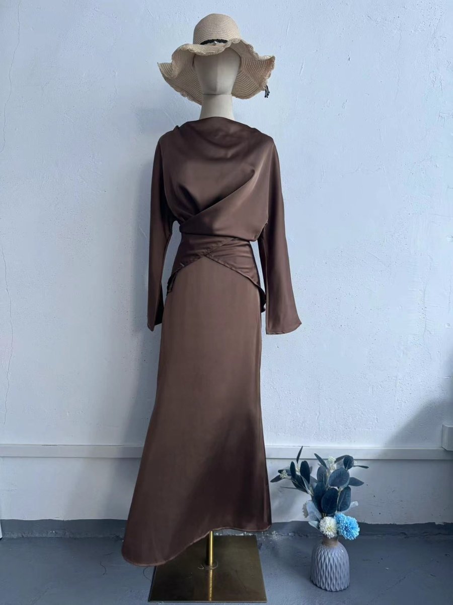 Elegant Long Sleeve Taupe Satin Cross-Lace Waist Skirt Two-Piece Abaya Outfit Champagne