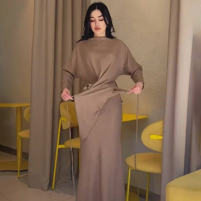 Elegant Long Sleeve Taupe Satin Cross-Lace Waist Skirt Two-Piece Abaya Outfit